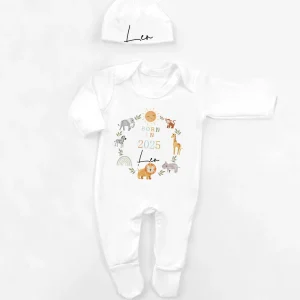 Personalised Sleepsuit New Baby Gift Safari Babygrow Born in 2025 Gift Going Home Outfit Custom Baby Romper and Hat