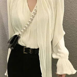 Pleated Elegant Long sleeve Blouse With Ties Women Luxury Ruffle V neck Basic Top Casual Oversize Lady Office Wear Korean Chic