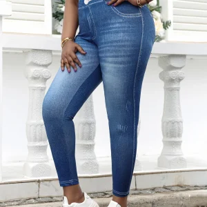 Plus Size Women's Imitation Jeans Leggings Vintage Wash Design Mid-Waisted Knit Pants Stretchy and Trendy Athletic Trousers
