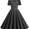 Polka Dot Lace Vintage Women Summer Dress Turn-Down Collar Short Sleeve Elegant Party Dresses