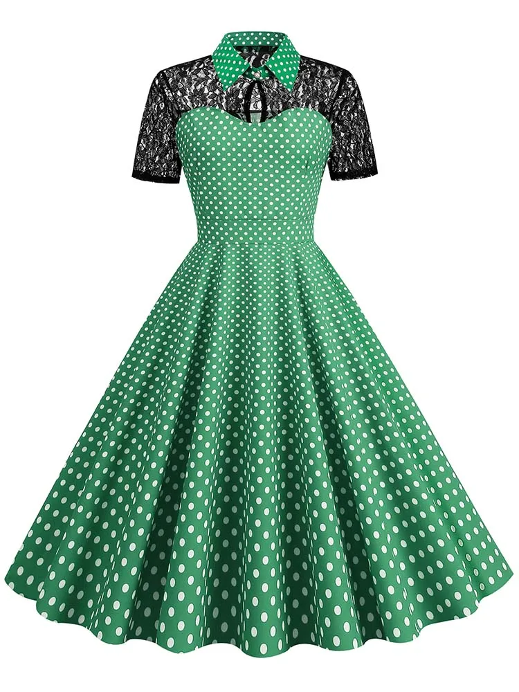 Polka Dot Lace Vintage Women Summer Dress Turn-Down Collar Short Sleeve Elegant Party Dresses - Image 4