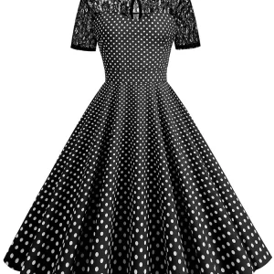 Polka Dot Lace Vintage Women Summer Dress Turn-Down Collar Short Sleeve Elegant Party Dresses