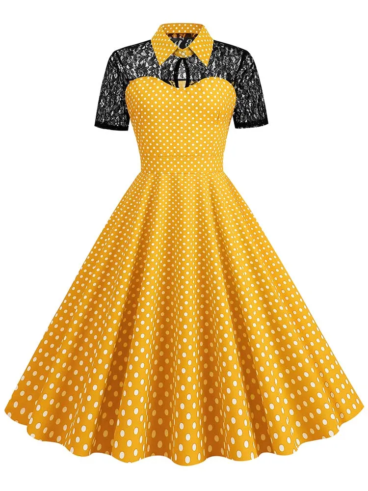 Polka Dot Lace Vintage Women Summer Dress Turn-Down Collar Short Sleeve Elegant Party Dresses - Image 5