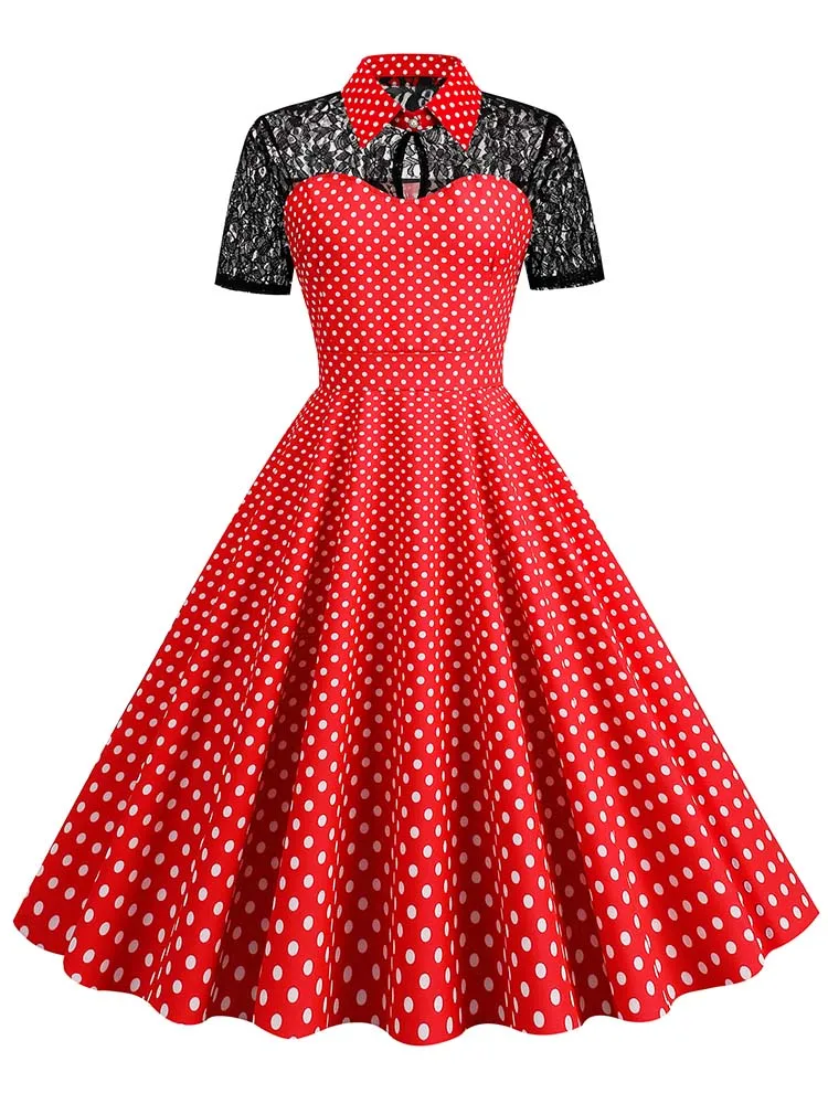 Polka Dot Lace Vintage Women Summer Dress Turn-Down Collar Short Sleeve Elegant Party Dresses - Image 6