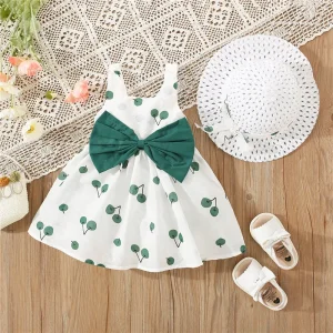 Promotional Summer Girls Dress Halter Cherry Bow + Hat Sweet Princess Dress Birthday Party Team Dress