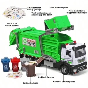 Realistic Garbage Truck Toy Set with Trash Can & STEM Learning Cards | 6+ Years Interactive Pull-Back Vehicle for Boys & Girls,