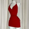 Red V Neck Backless Bandage Dress Elegant Irregular Slim Sweet Korean Women Mini Dresses 2025 New Fashion Nightclub Sexy Girl