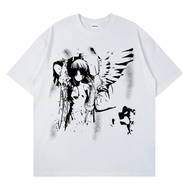 Retro Angel Print Short-sleeved Women T-shirt Summer Harajuku Casual Loose Cotton Oversize Women's T-shirts Female Clothing - Image 5