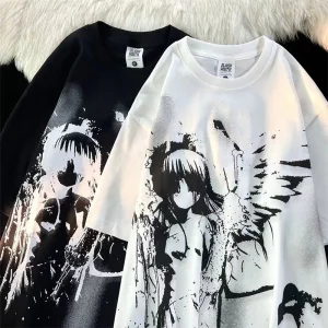 Retro Angel Print Short-sleeved Women T-shirt Summer Harajuku Casual Loose Cotton Oversize Women's T-shirts Female Clothing