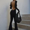 SIsterlinda Solid Sexy Backless Bodycon Wide Leg Jumpsuit Women Autumn Casual Slim Long Sleeve O-Neck Playsuit Lady Streetwear