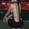 SUCHCUTE Black Sexy Backless Halter Dress Women Sleeveless Low-Neck Party Club Dress Aesthetic 90s Clubwear Clothing Chic Outfit