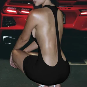 SUCHCUTE Black Sexy Backless Halter Dress Women Sleeveless Low-Neck Party Club Dress Aesthetic 90s Clubwear Clothing Chic Outfit