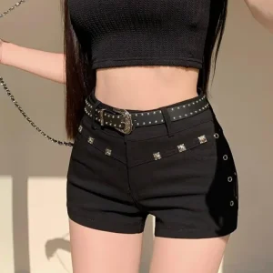 Sexy Black Studded Denim Shorts Women 2025 Y2K High Waist Hot Pants, Bad Girl Summer White Jean Shorts for Petite Girls S-2XL