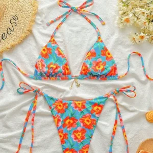 Sexy Floral Bikini Set Adjustable Tie Side Halter Two Piece Swimsuit Women Cute Yet Fashion Premium Beachwear for Vacation