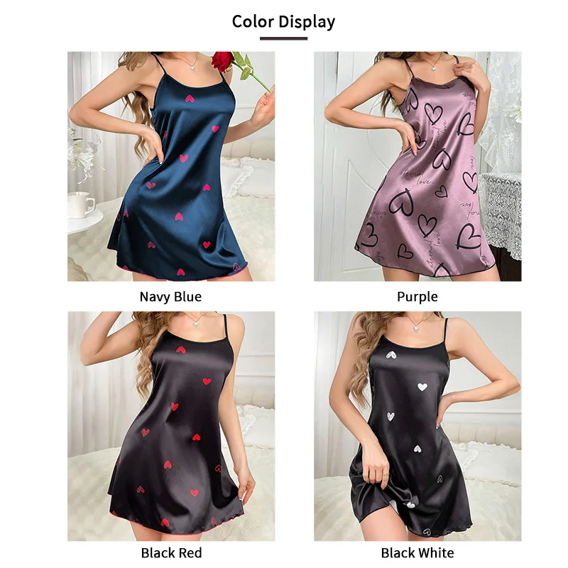 Sexy Satin Nightdress Women Soft Comfort Round Neck Slip Night Dress Heart Print Sleepwear Home Clothes Loungewear for Summer - Image 5