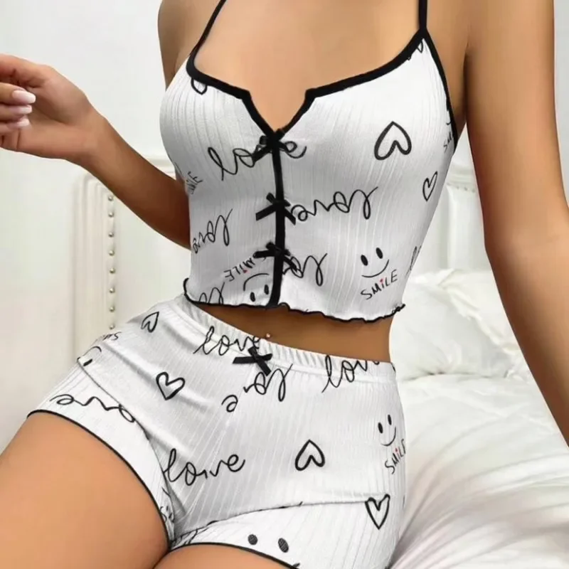 Sexy Sleepwear Women Pajamas Set Heart Print Silk Stain V-Neck Sleeveless Casual Cami Top and Shorts Sets Home Suit Loungewear - Image 5