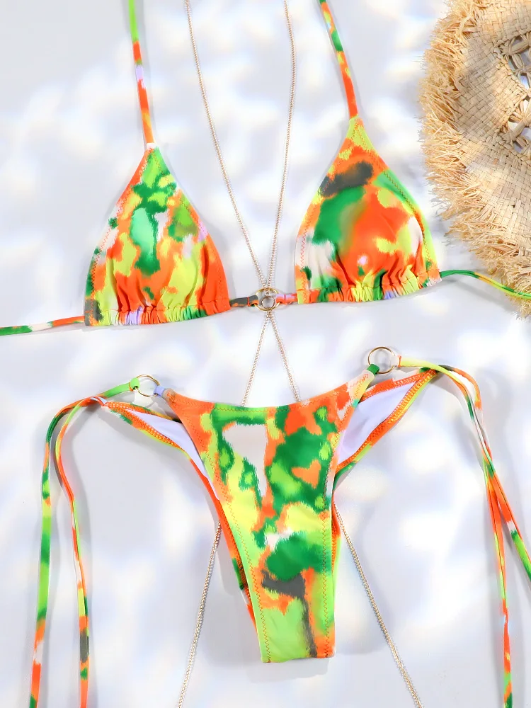 Sexy Triangle Micro Bikini Sets Thongs Chains Swimsuit Women Bathing Suit Biquini Bandage Beachwear Print Swimwear Thong Bikini - Image 3