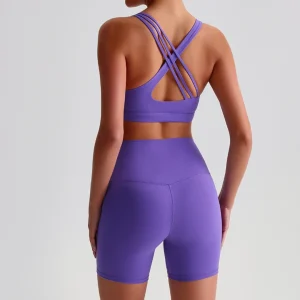 Solid Color High Waist Gym Yoga Short Legging Set Tight Women Cross Back High Impact Shoulder Strap Fitness Bra Top Sportwear