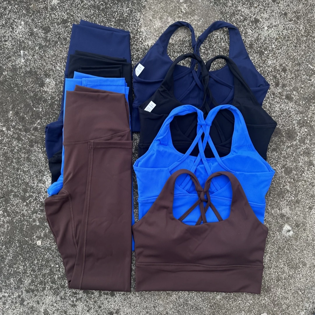 Solid Color Tight Women Cross Back High Impact Shoulder Strap Fitness Bra Top High Waist Yoga Legging 2pc Gym Yoga Set Sportwear