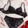 Solid Color Women's Underwear Set Sexy Lace Patchwork with Push-Up Bow Bra Romantic Semi-Transparent Women's Panties