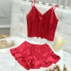 Solid Satin Pajama Set V Neck Cami Top Ruffle Shorts Women's Sleepwear Loungewear