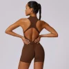 Solid Soft Backless Back Waist Scrunch Yoga Jumpsuit Short Set Women Zipper Sportswear Fitness One Piece Sports Suit Workout
