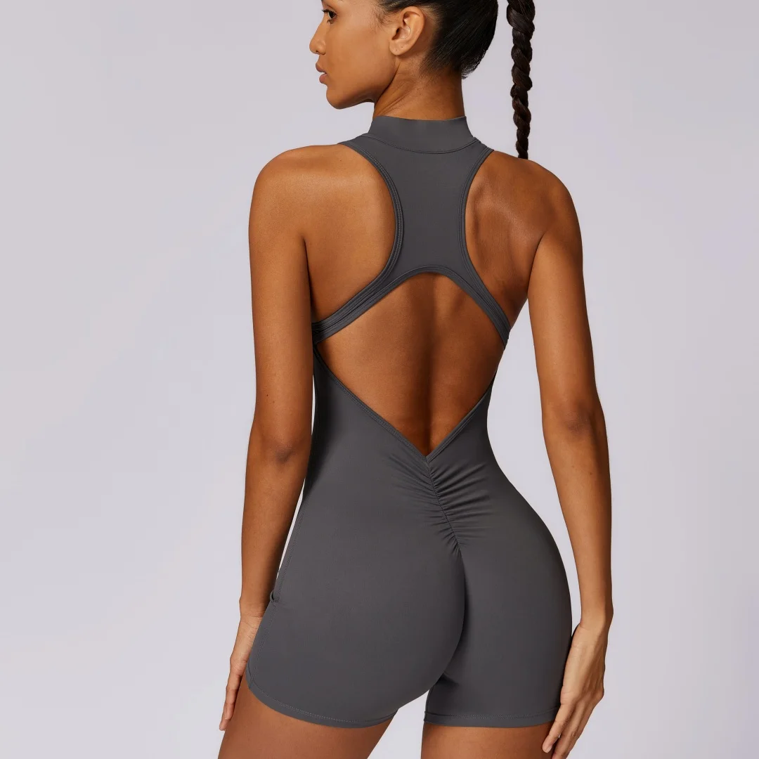 Solid Soft Backless Back Waist Scrunch Yoga Jumpsuit Short Set Women Zipper Sportswear Fitness One Piece Sports Suit Workout - Image 4