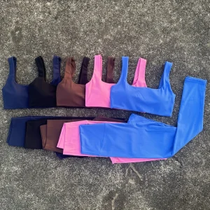 Solid color Tight Women Hollow Back shoulder straps fitness Bra Top High waist Yoga Leggings 2pc Gym Yoga Set Athletic sportwear