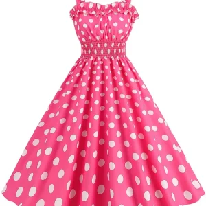 Spaghetti Strap Vintage Women Summer Dresses Casual Ruched Pink Dot Print A Line 50s Elegant Evening Party Midi Dress