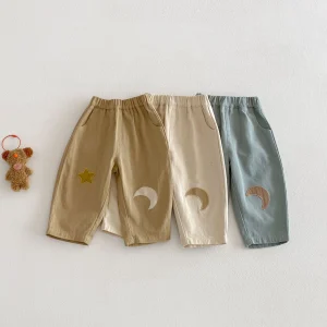 Spring 0-5Y Kids Boys Girls Cotton Long Pants Star Moon Embroidered Casual Trousers with Elastic Waist Loose Children Pants