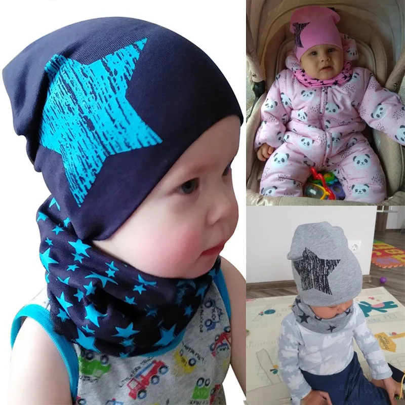 Spring Autumn 2PCS Baby Beanie Hat Scarf Stars Print Warm Toddler Hat Scarf for Girls and Boys Infant Hats Set Kids Skull Caps - Image 2