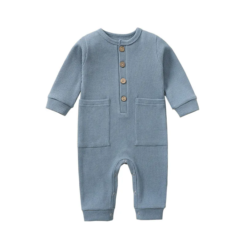 Spring Autumn Newborn Baby Romper Cotton Solid Soft Infant Jumpsuit With Pocket Girl Boy Long Sleeve Bebe Pajamas Wodden Buttons - Image 3