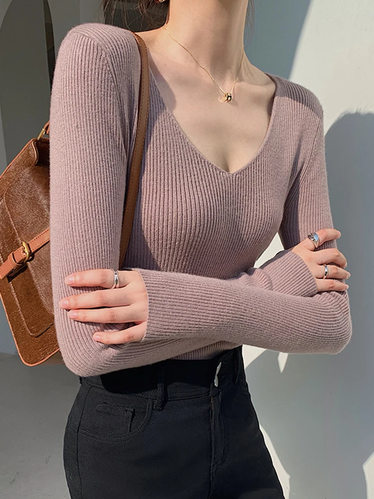 Spring Autumn V Neck Women Sweater Casual Long Sleeve Slim-fit Tops Knitted Pullover Sweaters Femme Basic Solid Pull Clothes - Image 2