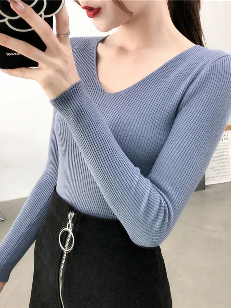 Spring Autumn V Neck Women Sweater Casual Long Sleeve Slim-fit Tops Knitted Pullover Sweaters Femme Basic Solid Pull Clothes - Image 6
