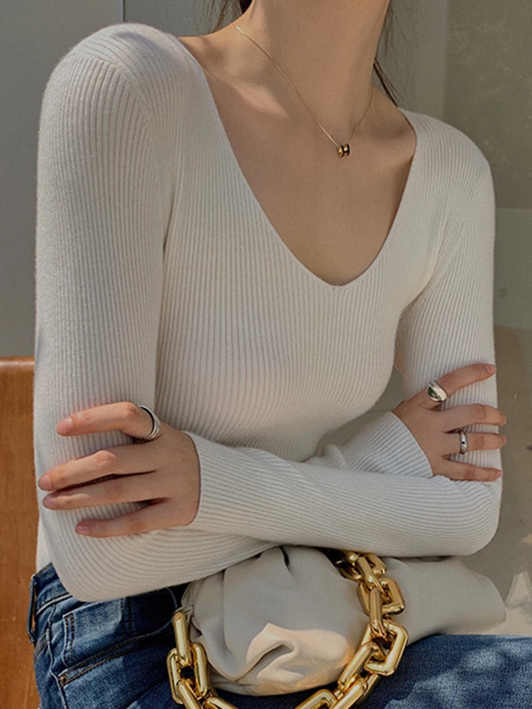 Spring Autumn V Neck Women Sweater Casual Long Sleeve Slim-fit Tops Knitted Pullover Sweaters Femme Basic Solid Pull Clothes - Image 3