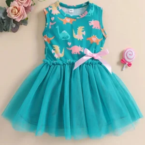 Summer 1-5 Years Little Girl Princess Dress Clothing Baby Girl Sleeveless Dinosaur Print Mesh Dress For Kids Girl Party