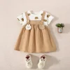 Summer Baby Girl Cotton Teddy Bear Printed Short Sleeved Dress For Girls Fake Two-Piece Strap Dress Cute Dress
