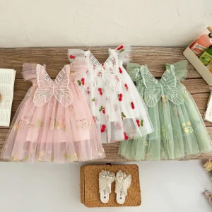 Summer Baby Girl Princess Dress Flying Sleeve Baby Girl Flower Embroidered Mesh Tutu Dress Kids Birthday Party Clothes