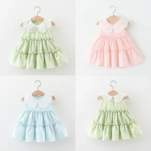Summer Baby Girls' Comfort Dress Green Sleeveless Lace Doll Collar Soft Cotton Dress New Arrival Kids Clothes