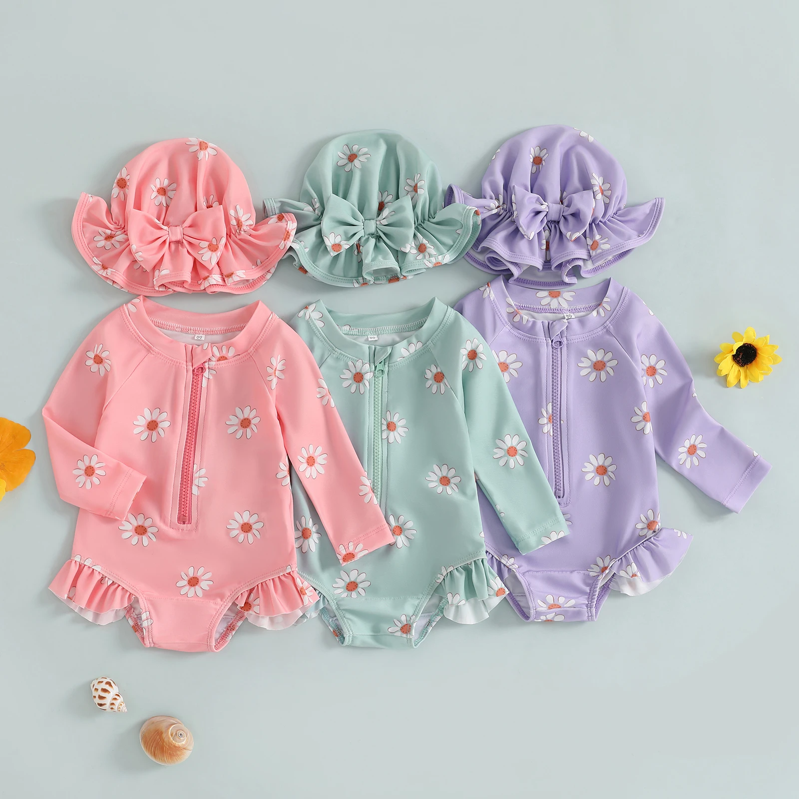 Summer Baby Girls Swimsuit Long Sleeve Flower Print Zipped Bikini with Hat Newborn Swimwear Bathing Suits - Image 5