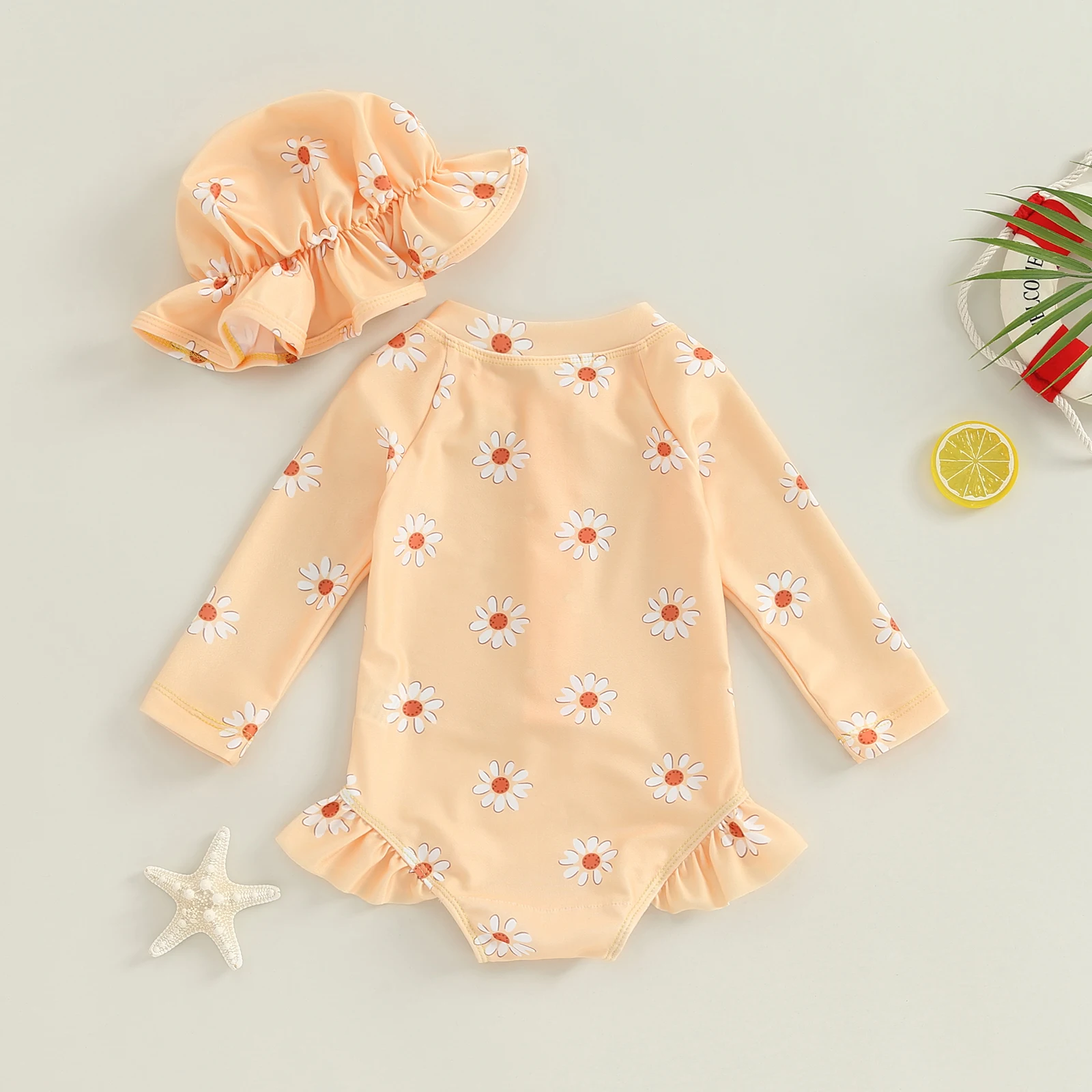 Summer Baby Girls Swimsuit Long Sleeve Flower Print Zipped Bikini with Hat Newborn Swimwear Bathing Suits - Image 4