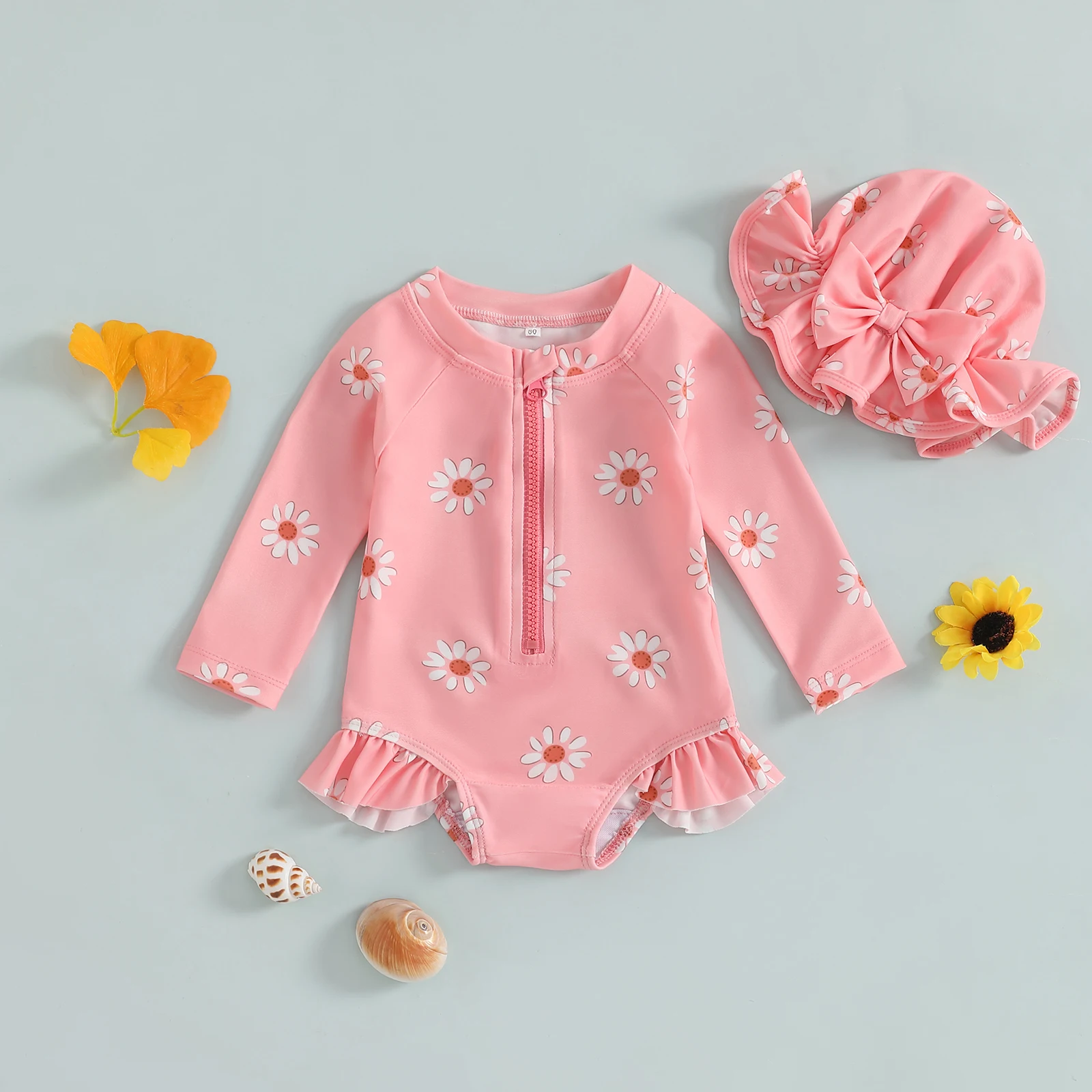 Summer Baby Girls Swimsuit Long Sleeve Flower Print Zipped Bikini with Hat Newborn Swimwear Bathing Suits - Image 6
