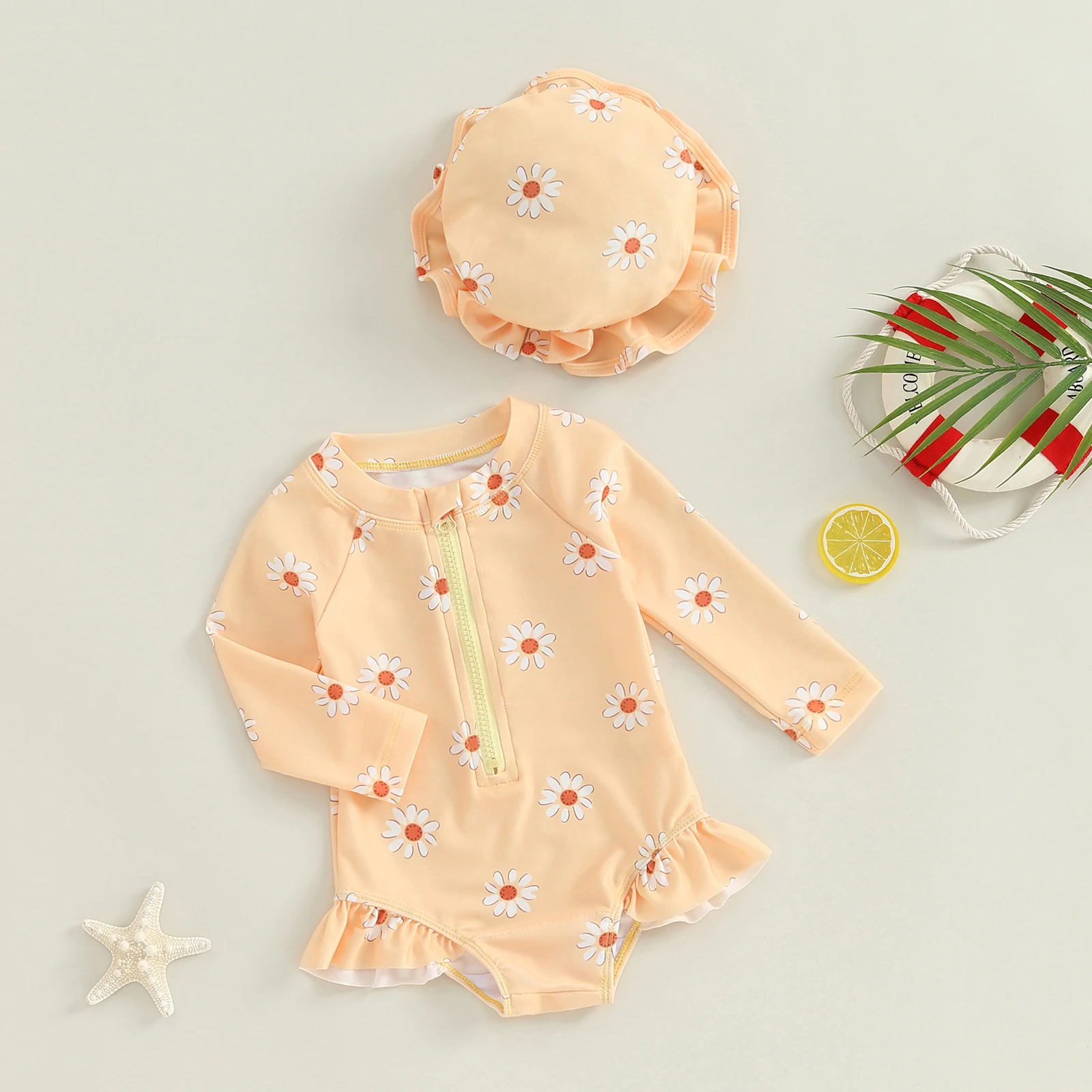 Summer Baby Girls Swimsuit Long Sleeve Flower Print Zipped Bikini with Hat Newborn Swimwear Bathing Suits
