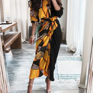 Summer Bandage Shirt Women Fashion Button Ruched Dress Casual Short Sleeve Printed Dress Female Elegant Party Dress Robe
