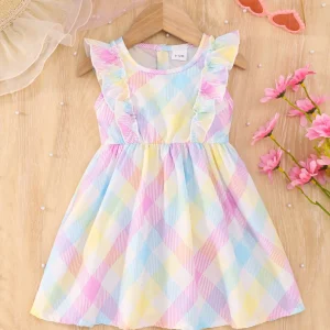 Summer Flying Sleeveless Pink Blue Plaid Full Print Dress Version Slim And Simple For Baby Girls Outdoor Travel Holiday Dress