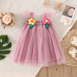 Summer Girls Cute Floral Decoration Dress Fresh Mesh Baby Girl Princess Full (0-3 Years Old)
