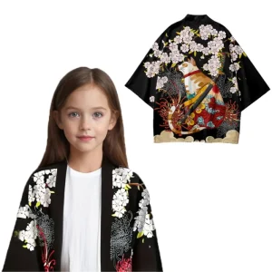Summer Harajuku Cute Cat Printed Kids Kimono Boys Girls Casual Floral Samurai Cat Pattern Beach Japanese Kimono Haori Cardigan