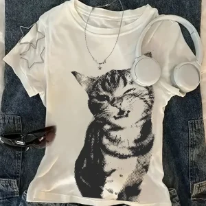 Summer Harajuku Letter Graphic T Shirts Y2k Tops Cat Print Women High Street Oversized T Shirt Streetwear Vintage Tee Clothing