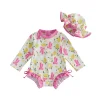 Summer Infant Baby Girl Swimsuit Set Lemon Bow Flower Rash Guard Long Sleeve Zipper Back Bathing Suit Cap Clothes Set