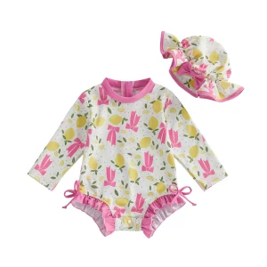 Summer Infant Baby Girl Swimsuit Set Lemon Bow Flower Rash Guard Long Sleeve Zipper Back Bathing Suit Cap Clothes Set